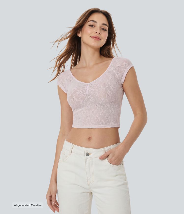 Sweetheart Neck Short Sleeve Lace Cropped Casual T-Shirt Sweetheart Neck Short Sleeve Lace Cropped Casual T-Shirt