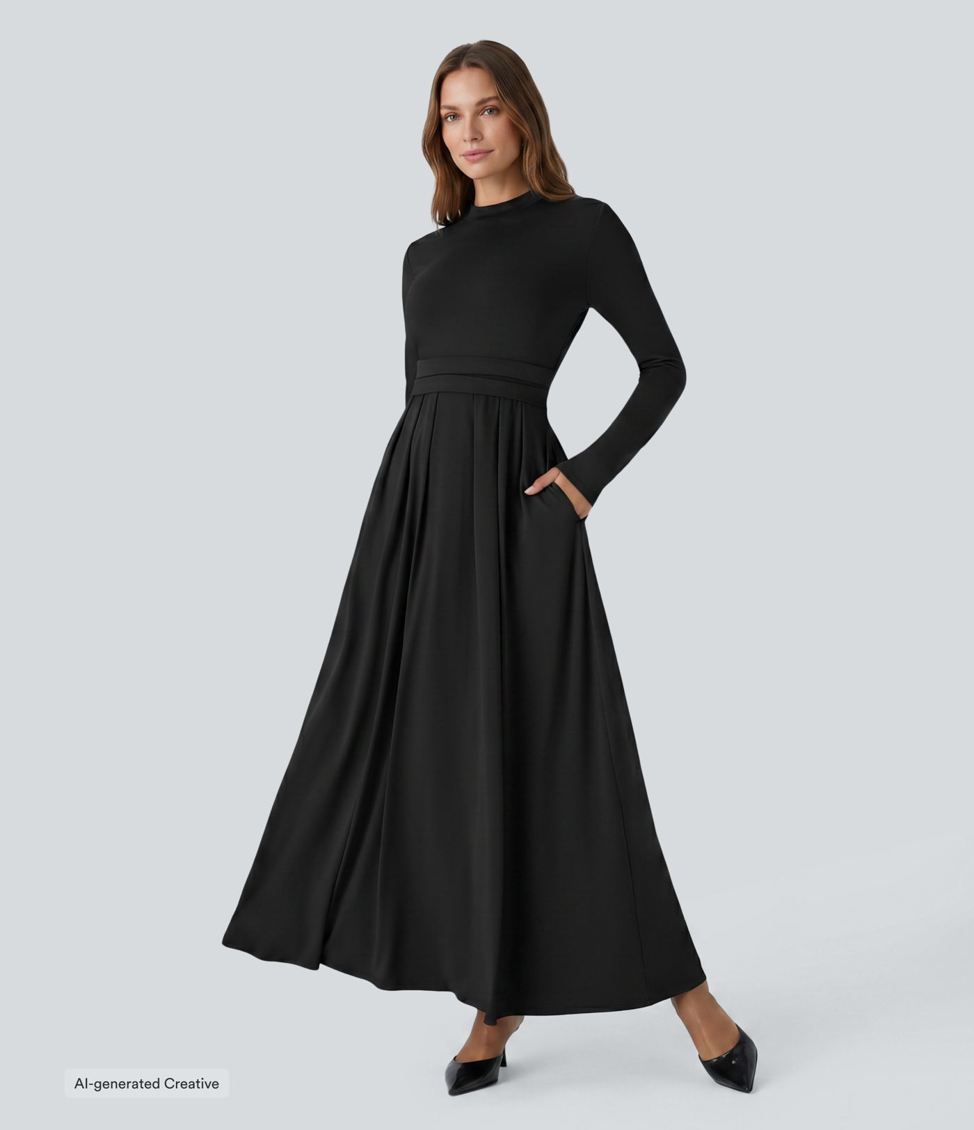 Mock-neck Long Sleeve Pocket Flare Maxi Casual Dress Mock-neck Long Sleeve Pocket Flare Maxi Casual Dress