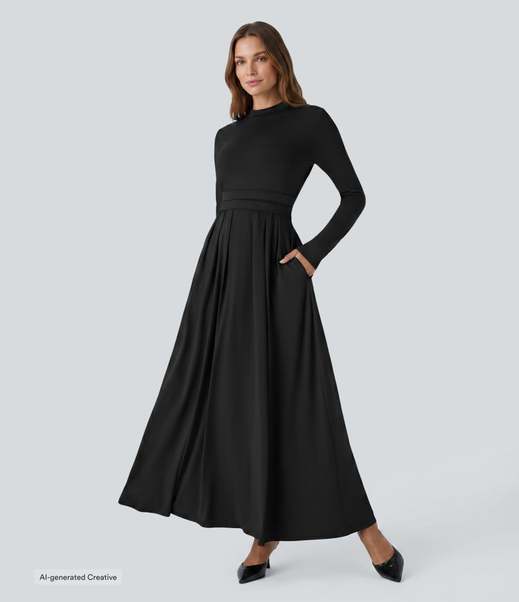 Mock-neck Long Sleeve Pocket Flare Maxi Casual Dress Mock-neck Long Sleeve Pocket Flare Maxi Casual Dress