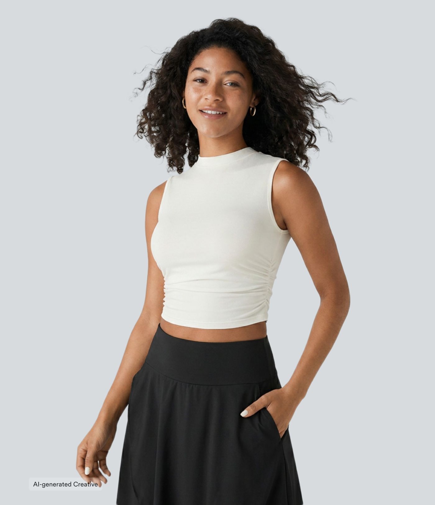Top corto sin mangas ajustado con escote redondo y fruncido, estilo casual Top corto sin mangas ajustado con escote redondo y fruncido, estilo casual