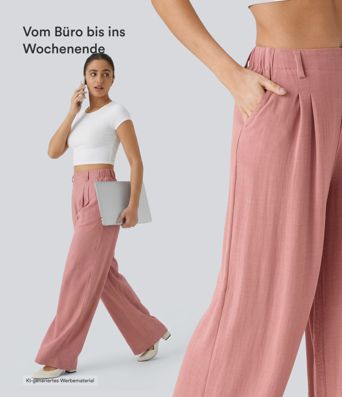 Fließende Palazzo-Hose mit hohem Bund, Seitentaschen und weitem Bein - leinenähnliches Material