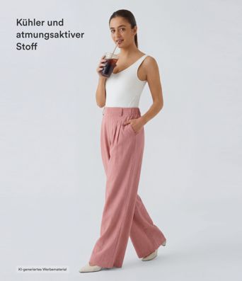 Fließende Palazzo-Hose mit hohem Bund, Seitentaschen und weitem Bein - leinenähnliches Material