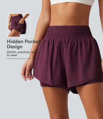 Breezeful™ High Waisted 2-in-1 Crossover Curved Hem Quick Dry Running Shorts 3'' with Pockets