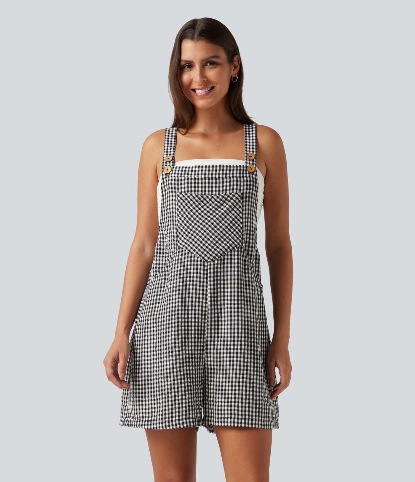 Plaid Casual Linen-Feel Short Overalls with Pockets
