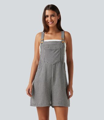 Plaid Casual Linen-Feel Short Overalls with Pockets