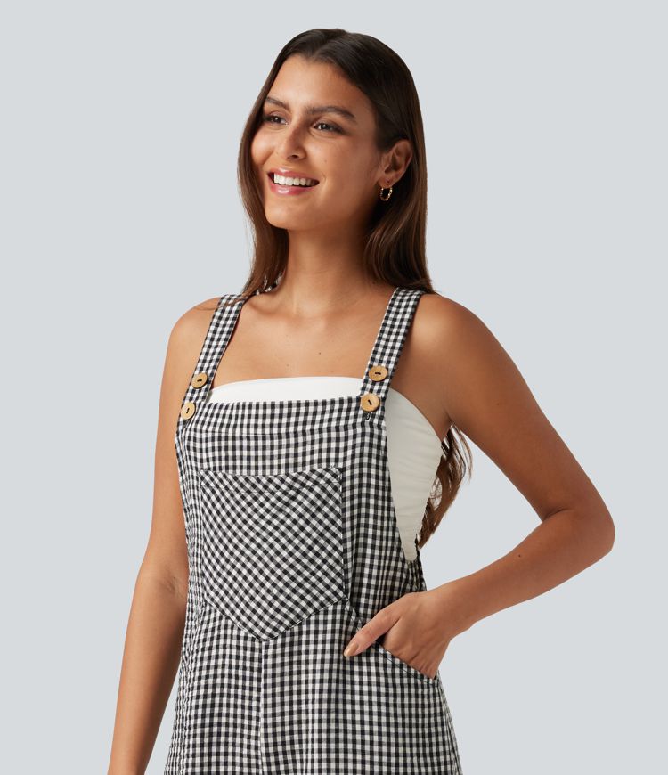 Plaid Casual Linen-Feel Short Overalls with Pockets