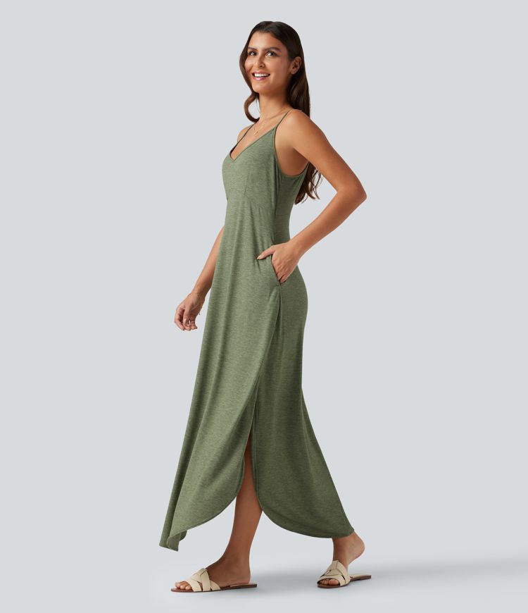 Robe longue décontractée col V style nuisette avec fente et poches