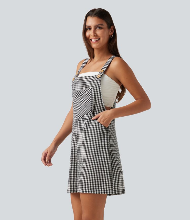 Plaid Casual Linen-Feel Short Overalls with Pockets