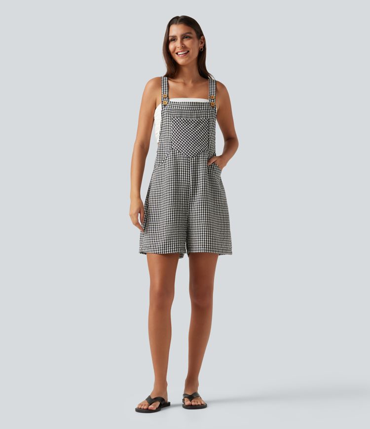 Plaid Casual Linen-Feel Short Overalls with Pockets