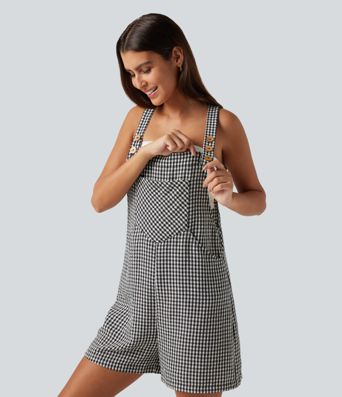 Plaid Casual Linen-Feel Short Overalls with Pockets