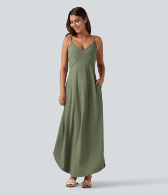 Robe longue décontractée col V style nuisette avec fente et poches