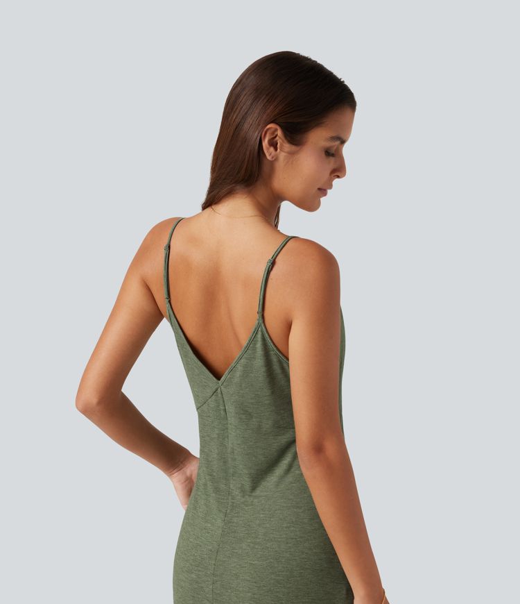 Robe longue décontractée col V style nuisette avec fente et poches