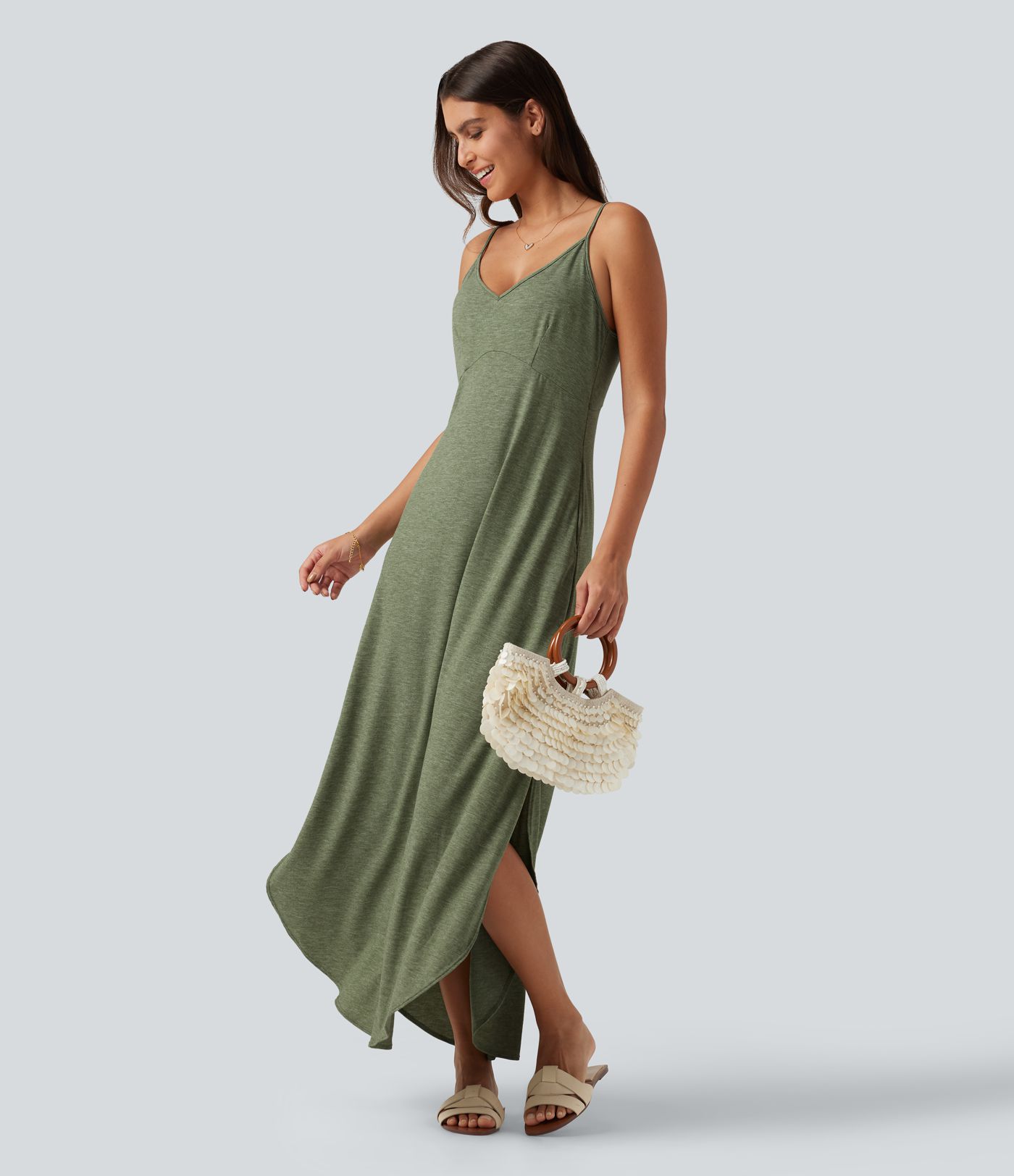 Robe longue décontractée col V style nuisette avec fente et poches