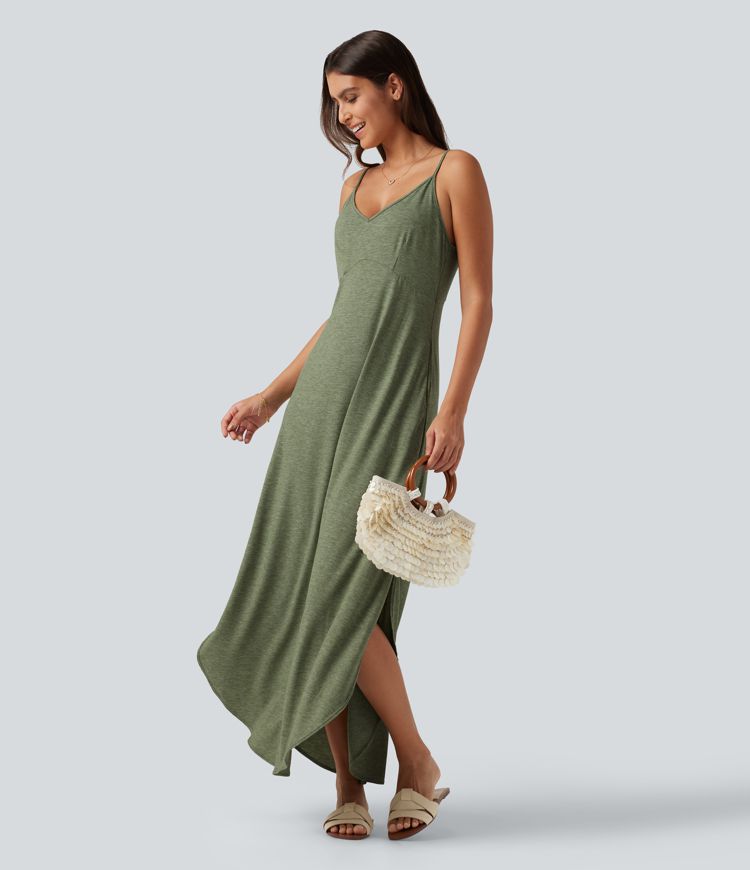 Robe longue décontractée col V style nuisette avec fente et poches