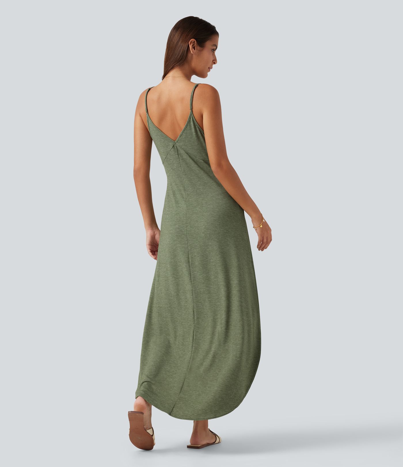 Robe longue décontractée col V style nuisette avec fente et poches