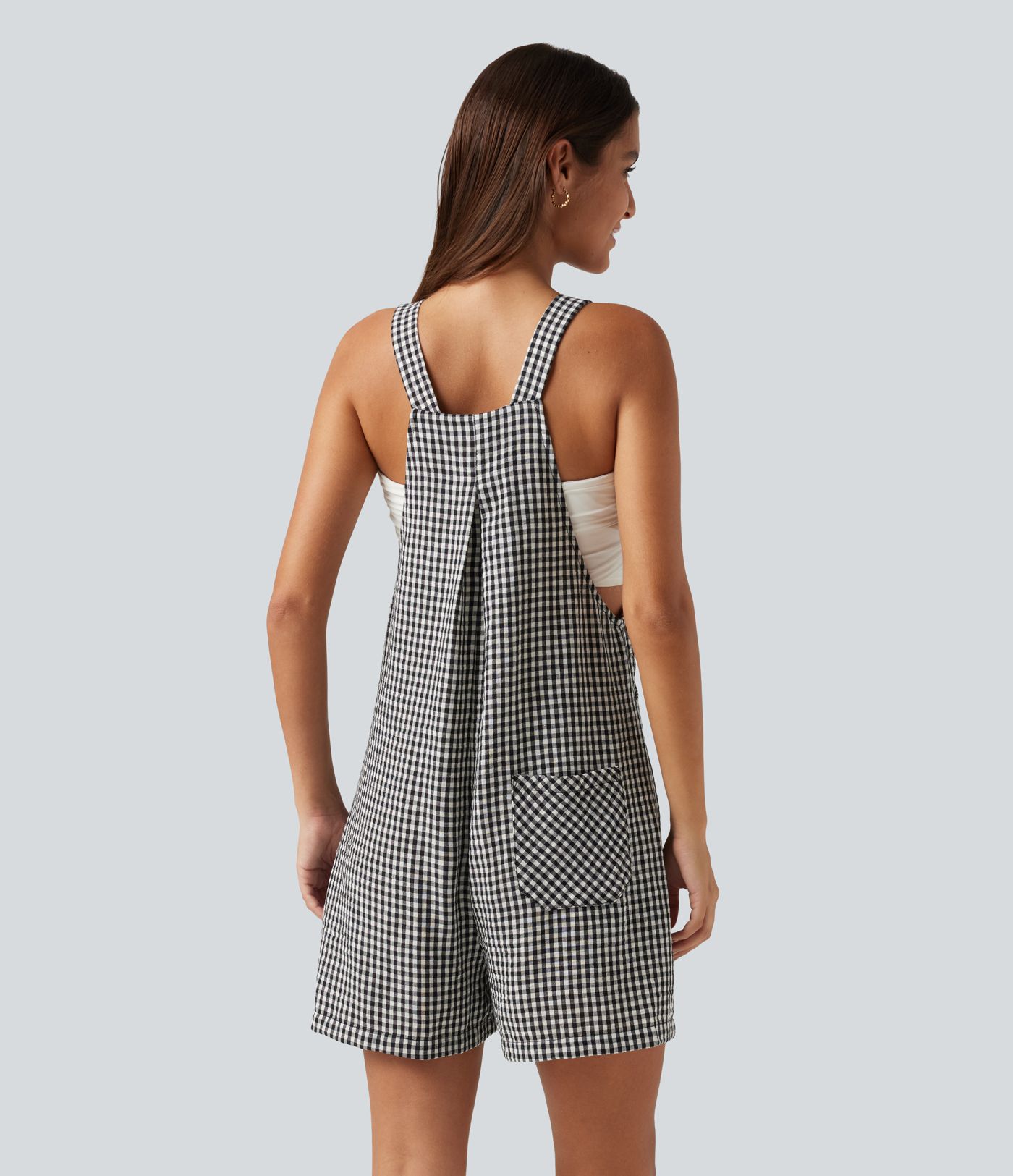 Plaid Casual Linen-Feel Short Overalls with Pockets