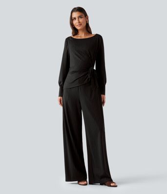 Boat Neck Long Sleeve Tie Side Cool Touch Stripe Work Jumpsuit with Pockets-Easy Peezy Edition Boat Neck Long Sleeve Tie Side Cool Touch Stripe Work Jumpsuit with Pockets-Easy Peezy Edition