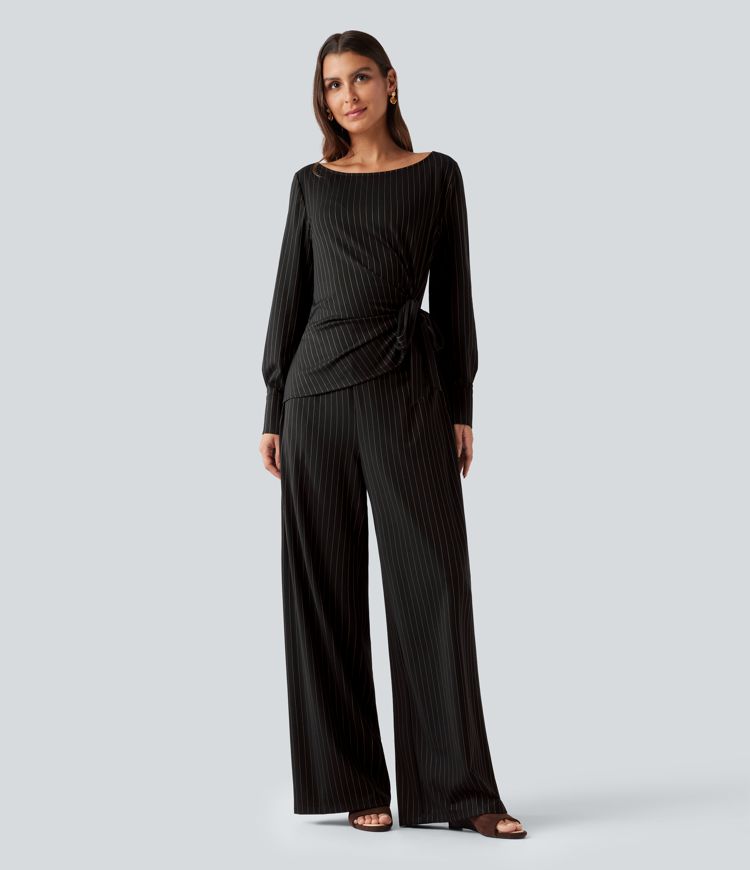 Boat Neck Long Sleeve Tie Side Cool Touch Stripe Work Jumpsuit with Pockets-Easy Peezy Edition Boat Neck Long Sleeve Tie Side Cool Touch Stripe Work Jumpsuit with Pockets-Easy Peezy Edition