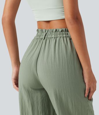 Lässige Hose aus Leinenmischung mit hohem Bund, Seitentaschen und weitem Bein Lässige Hose aus Leinenmischung mit hohem Bund, Seitentaschen und weitem Bein