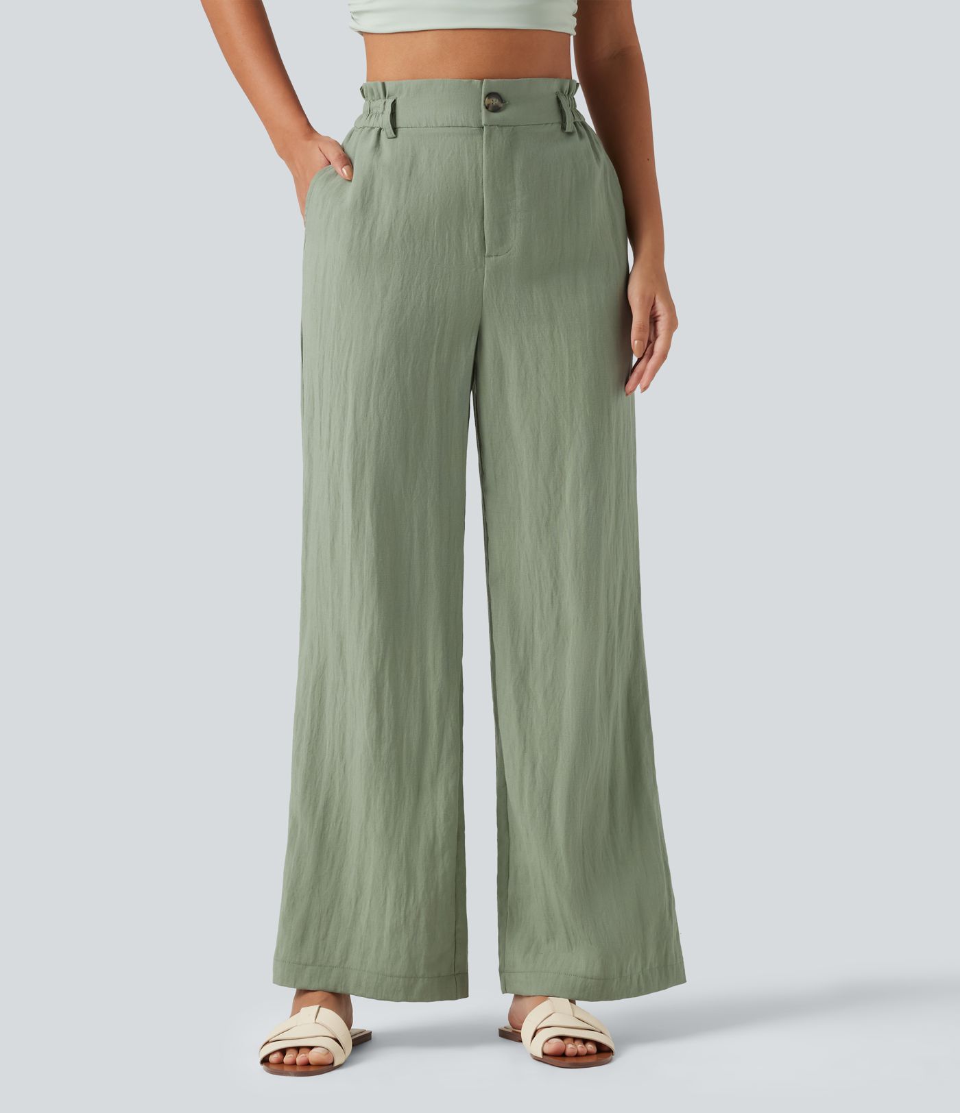 Lässige Hose aus Leinenmischung mit hohem Bund, Seitentaschen und weitem Bein Lässige Hose aus Leinenmischung mit hohem Bund, Seitentaschen und weitem Bein