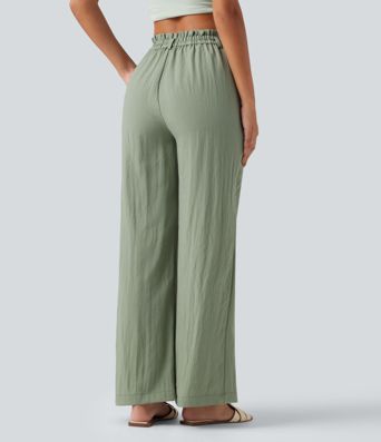 Lässige Hose aus Leinenmischung mit hohem Bund, Seitentaschen und weitem Bein Lässige Hose aus Leinenmischung mit hohem Bund, Seitentaschen und weitem Bein