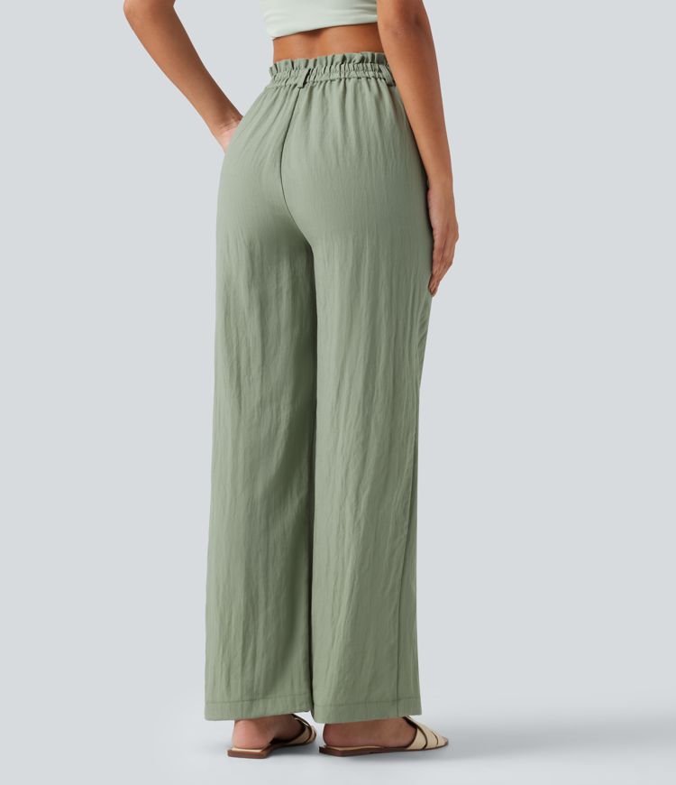 Lässige Hose aus Leinenmischung mit hohem Bund, Seitentaschen und weitem Bein Lässige Hose aus Leinenmischung mit hohem Bund, Seitentaschen und weitem Bein