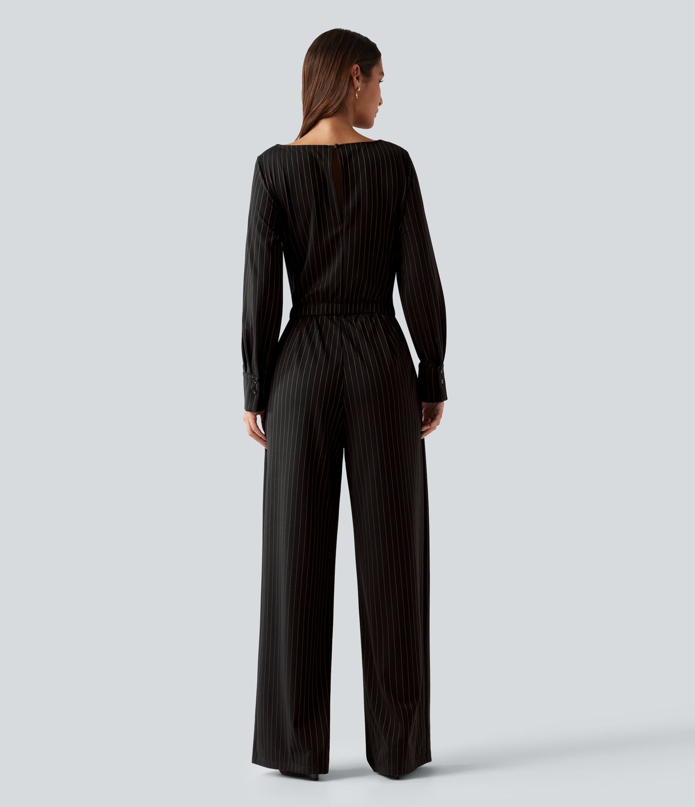 Boat Neck Long Sleeve Tie Side Cool Touch Stripe Work Jumpsuit with Pockets-Easy Peezy Edition Boat Neck Long Sleeve Tie Side Cool Touch Stripe Work Jumpsuit with Pockets-Easy Peezy Edition