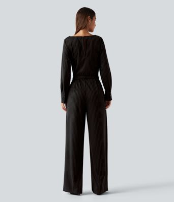 Boat Neck Long Sleeve Tie Side Cool Touch Stripe Work Jumpsuit with Pockets-Easy Peezy Edition Boat Neck Long Sleeve Tie Side Cool Touch Stripe Work Jumpsuit with Pockets-Easy Peezy Edition