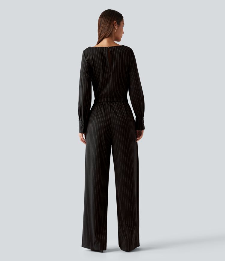 Boat Neck Long Sleeve Tie Side Cool Touch Stripe Work Jumpsuit with Pockets-Easy Peezy Edition Boat Neck Long Sleeve Tie Side Cool Touch Stripe Work Jumpsuit with Pockets-Easy Peezy Edition