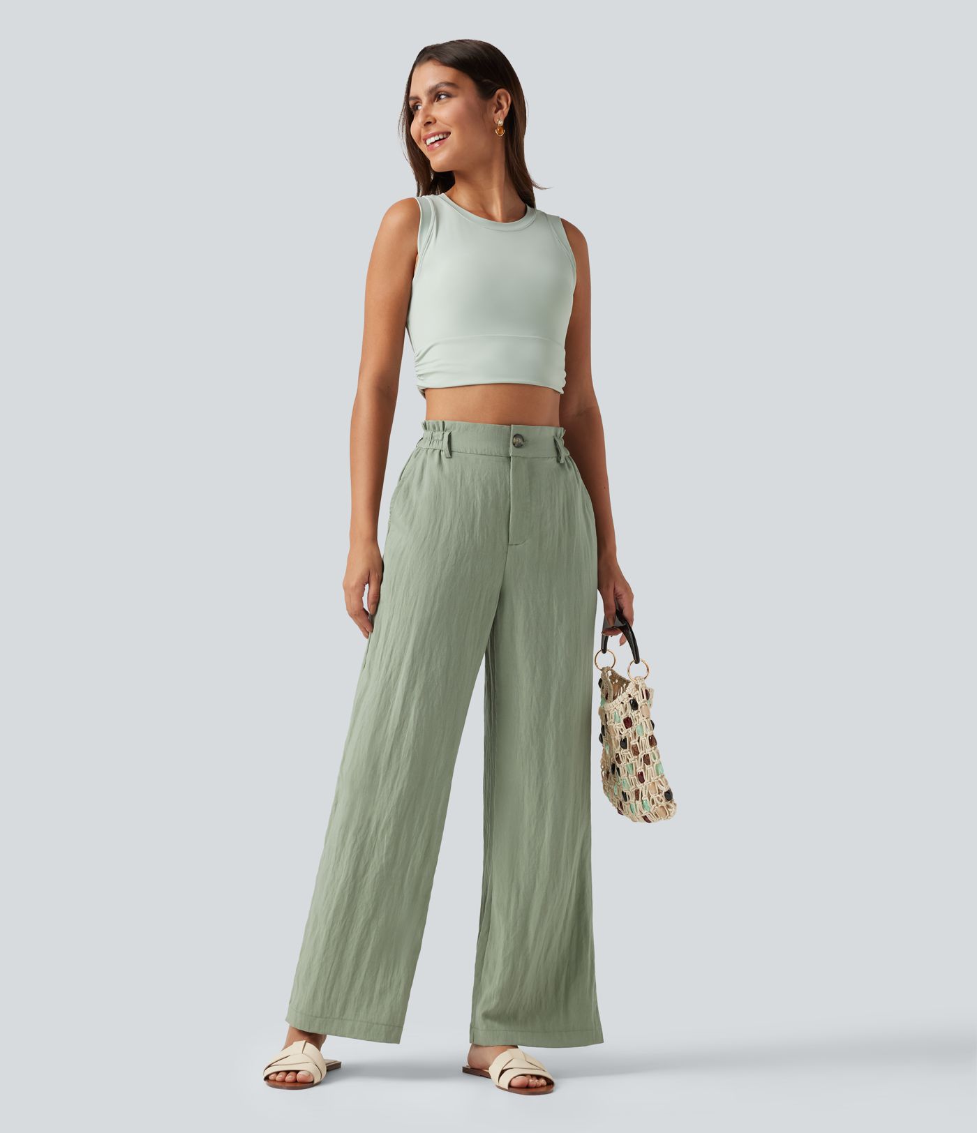Lässige Hose aus Leinenmischung mit hohem Bund, Seitentaschen und weitem Bein Lässige Hose aus Leinenmischung mit hohem Bund, Seitentaschen und weitem Bein