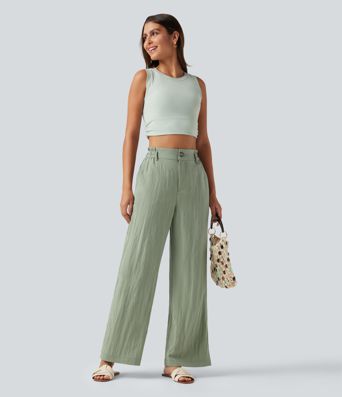 Lässige Hose aus Leinenmischung mit hohem Bund, Seitentaschen und weitem Bein Lässige Hose aus Leinenmischung mit hohem Bund, Seitentaschen und weitem Bein