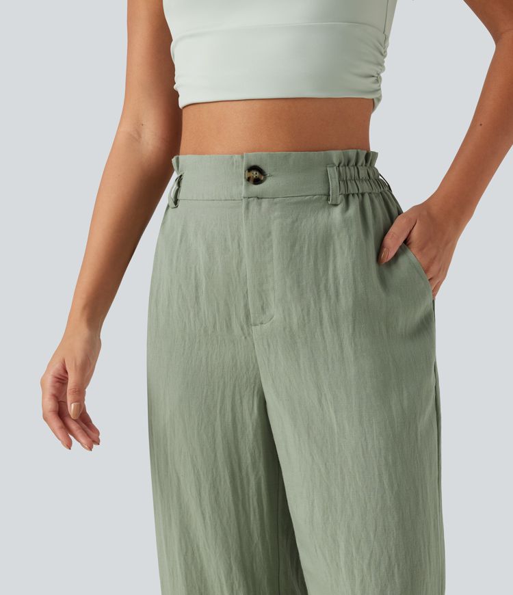 Lässige Hose aus Leinenmischung mit hohem Bund, Seitentaschen und weitem Bein Lässige Hose aus Leinenmischung mit hohem Bund, Seitentaschen und weitem Bein