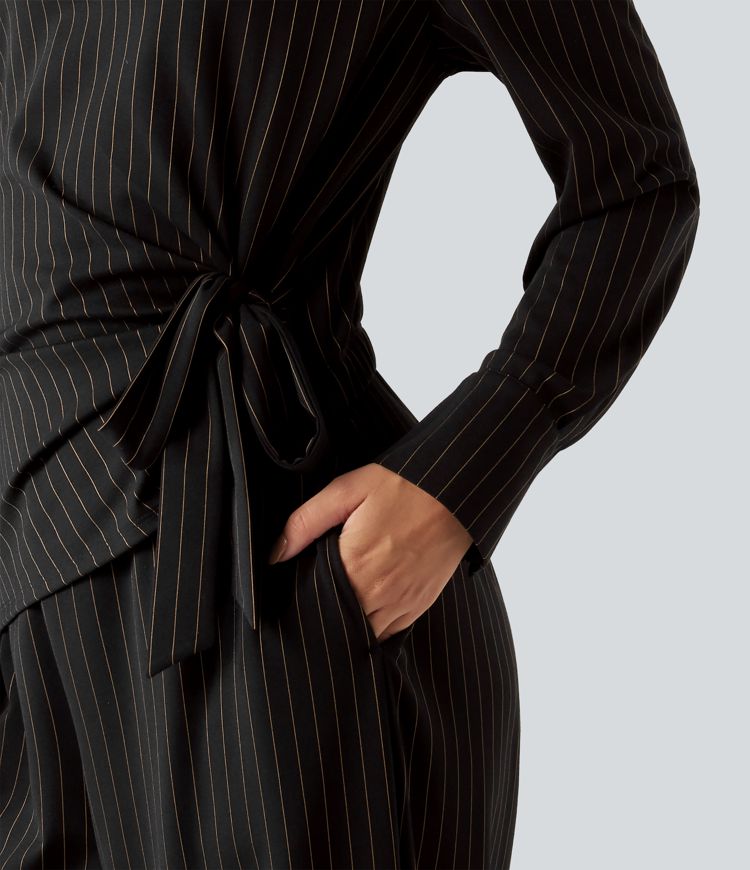 Boat Neck Long Sleeve Tie Side Cool Touch Stripe Work Jumpsuit with Pockets-Easy Peezy Edition Boat Neck Long Sleeve Tie Side Cool Touch Stripe Work Jumpsuit with Pockets-Easy Peezy Edition