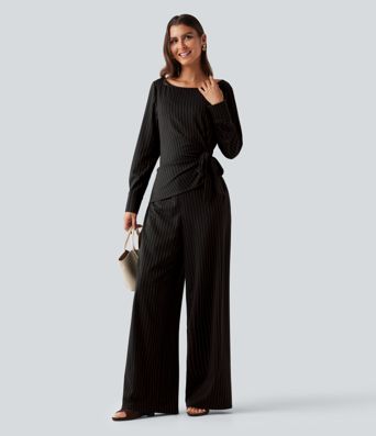 Boat Neck Long Sleeve Tie Side Cool Touch Stripe Work Jumpsuit with Pockets-Easy Peezy Edition Boat Neck Long Sleeve Tie Side Cool Touch Stripe Work Jumpsuit with Pockets-Easy Peezy Edition