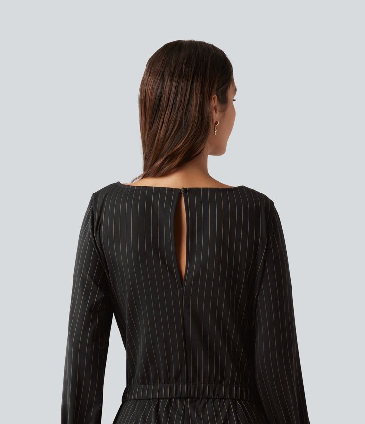 Boat Neck Long Sleeve Tie Side Cool Touch Stripe Work Jumpsuit with Pockets-Easy Peezy Edition Boat Neck Long Sleeve Tie Side Cool Touch Stripe Work Jumpsuit with Pockets-Easy Peezy Edition
