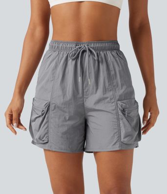 High Waisted Drawstring Workout Cargo Shorts with Pockets High Waisted Drawstring Workout Cargo Shorts with Pockets