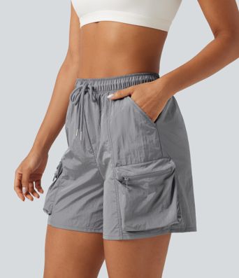 High Waisted Drawstring Workout Cargo Shorts with Pockets High Waisted Drawstring Workout Cargo Shorts with Pockets