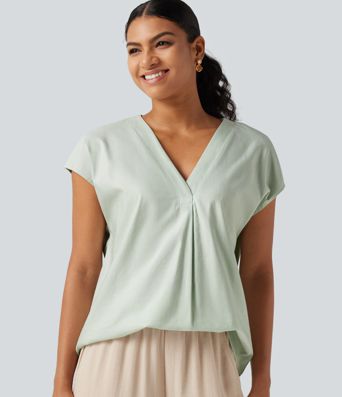 Blouse décontractée col V à mancherons en coton et lin