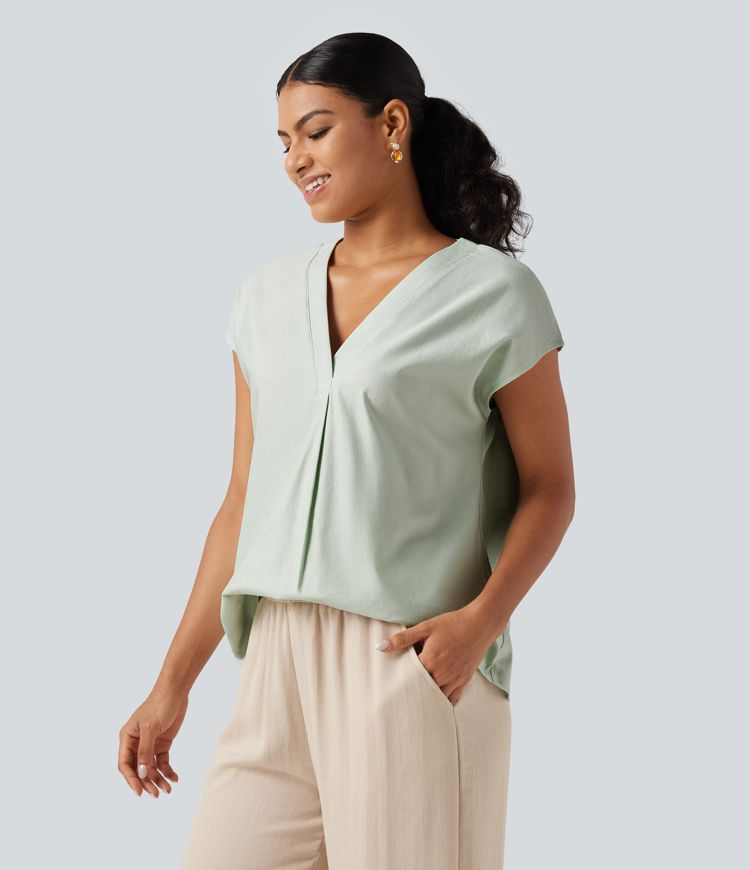 Blouse décontractée col V à mancherons en coton et lin