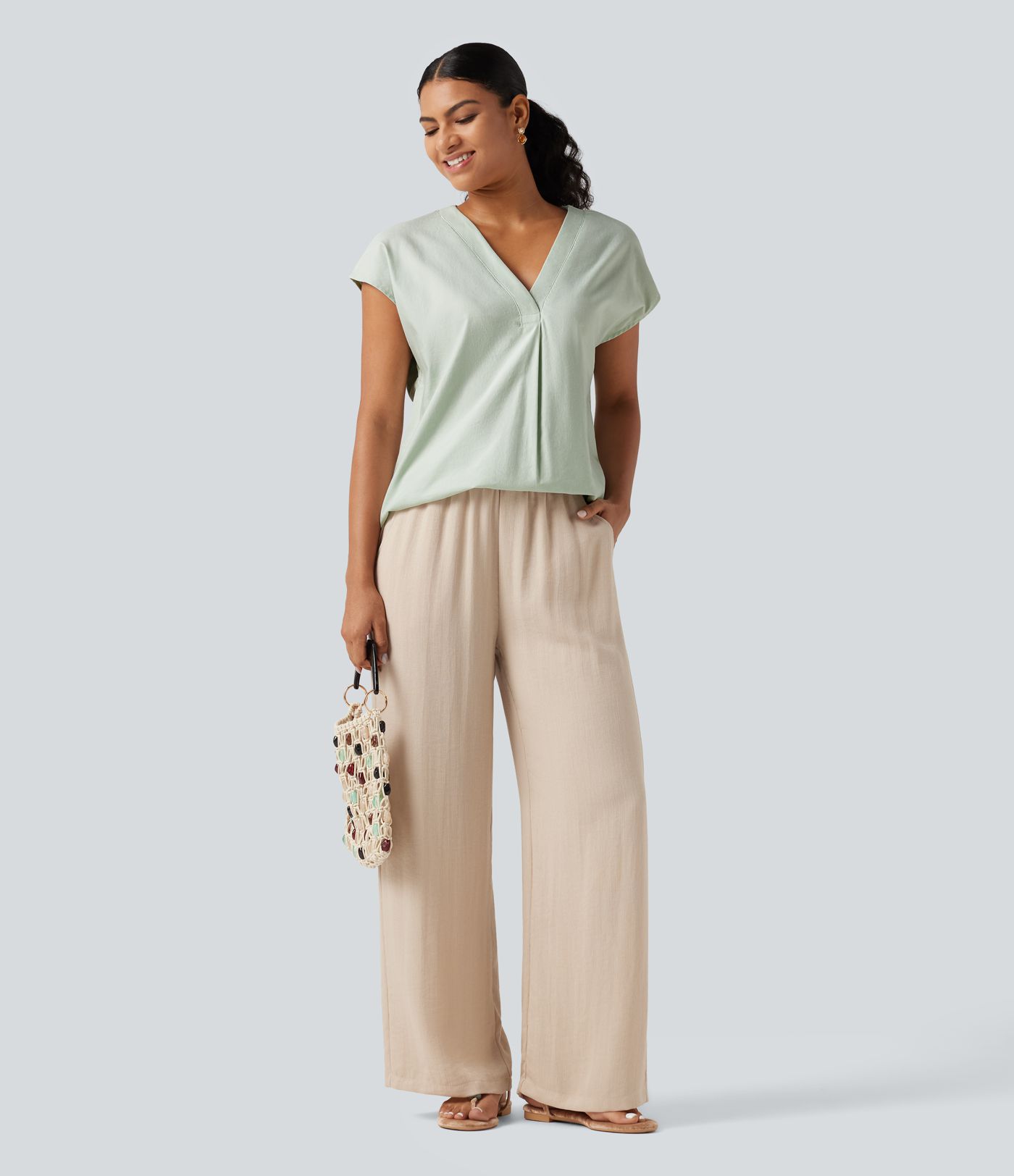 Blouse décontractée col V à mancherons en coton et lin