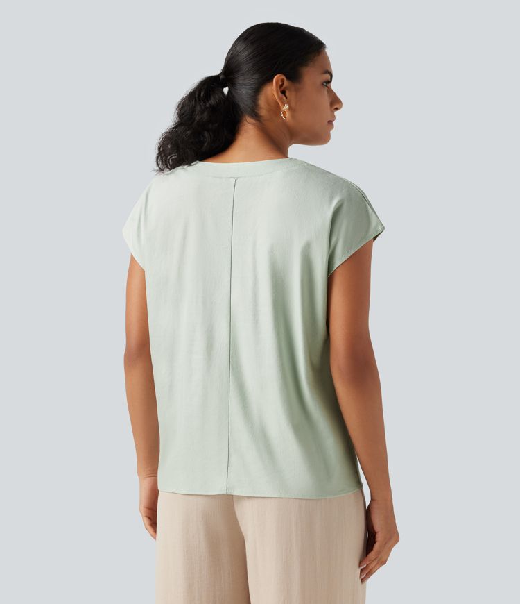 Blouse décontractée col V à mancherons en coton et lin