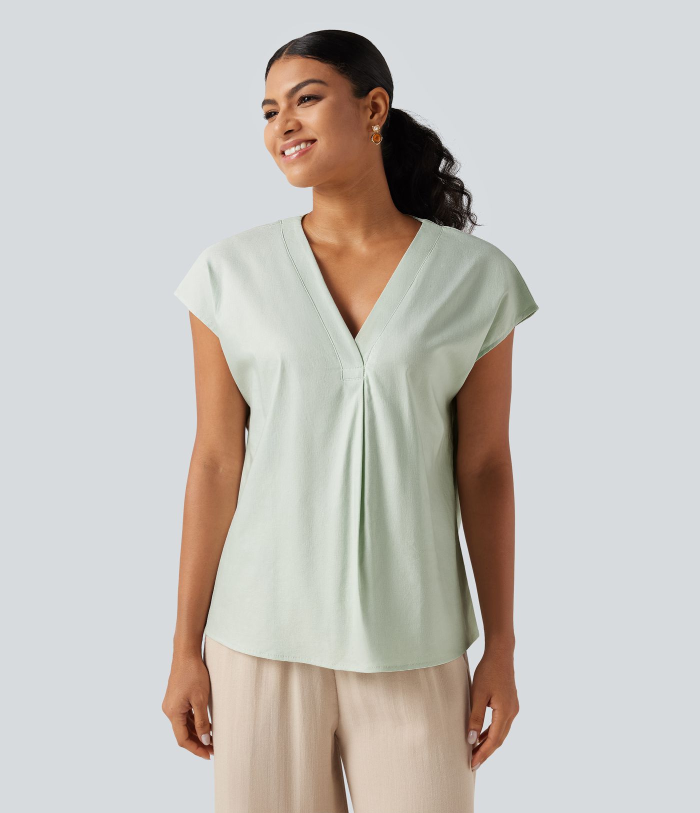 Blouse décontractée col V à mancherons en coton et lin