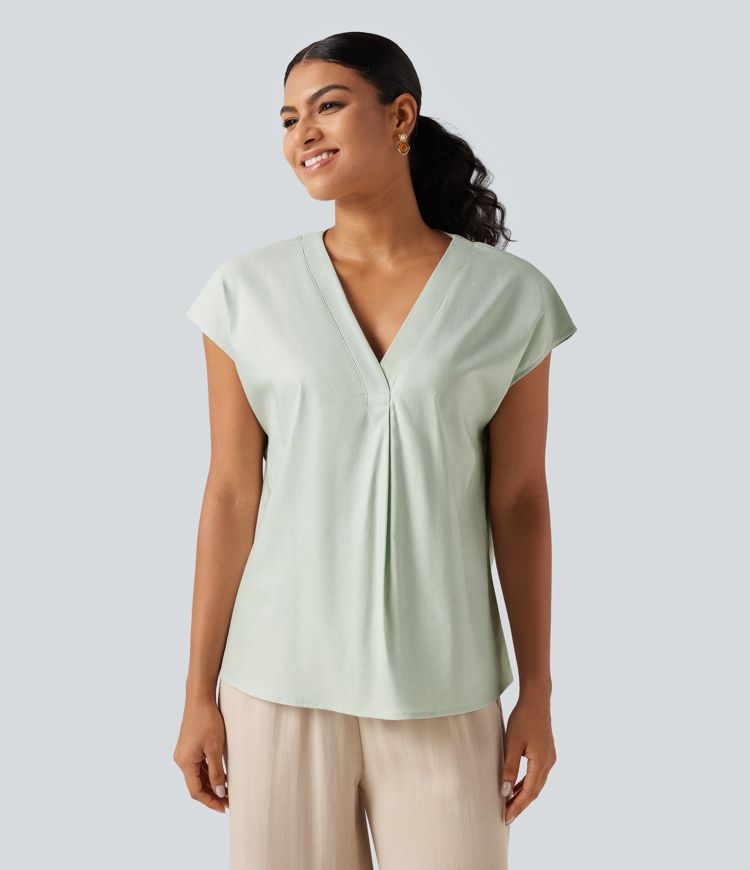 Blouse décontractée col V à mancherons en coton et lin