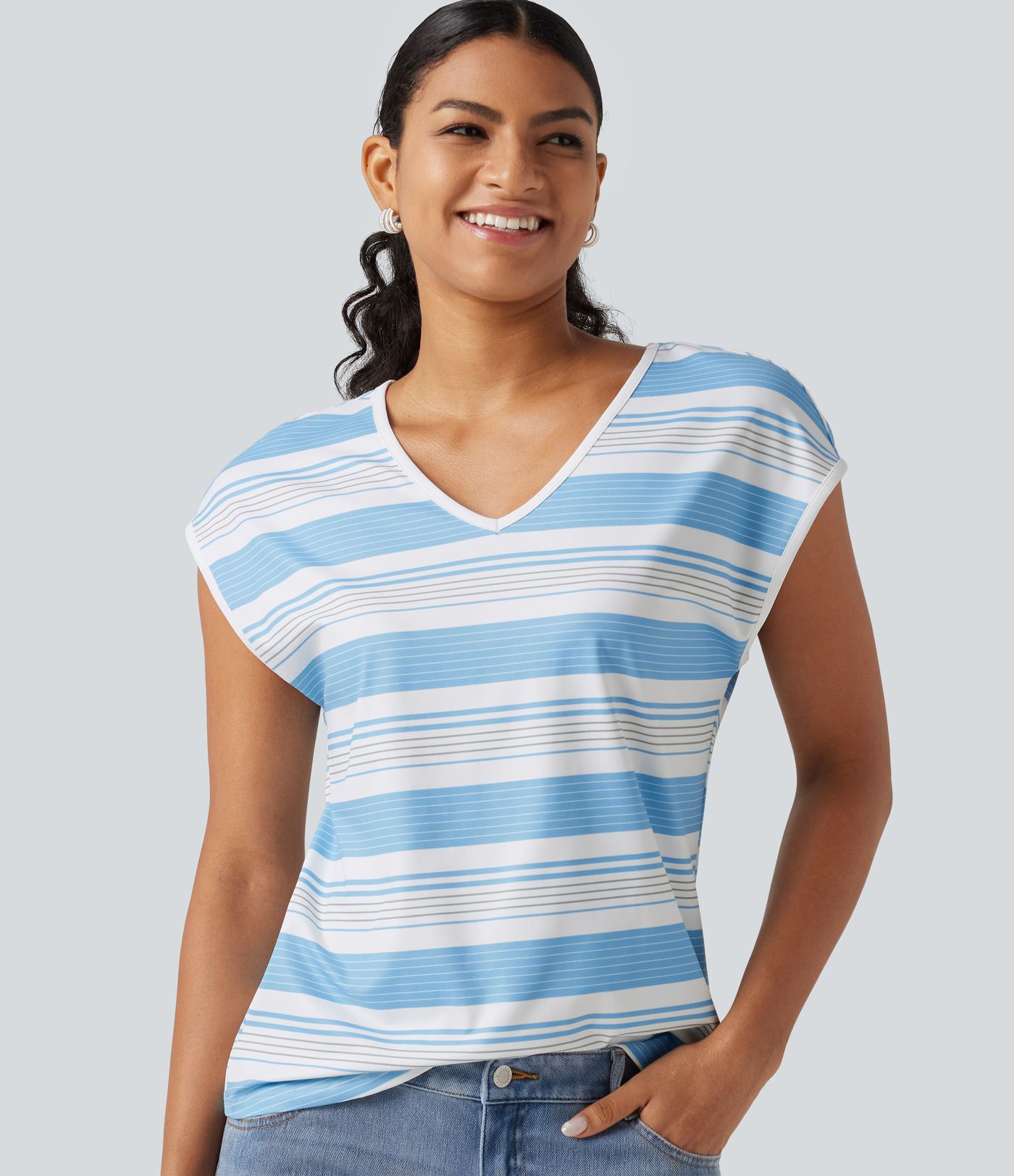 V Neck Short Sleeve Stripe Casual T-Shirt V Neck Short Sleeve Stripe Casual T-Shirt