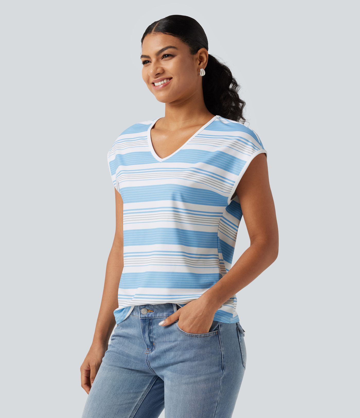V Neck Short Sleeve Stripe Casual T-Shirt V Neck Short Sleeve Stripe Casual T-Shirt