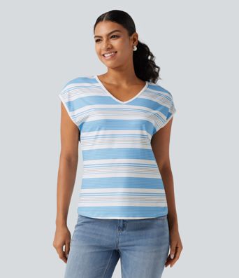 V Neck Short Sleeve Stripe Casual T-Shirt V Neck Short Sleeve Stripe Casual T-Shirt