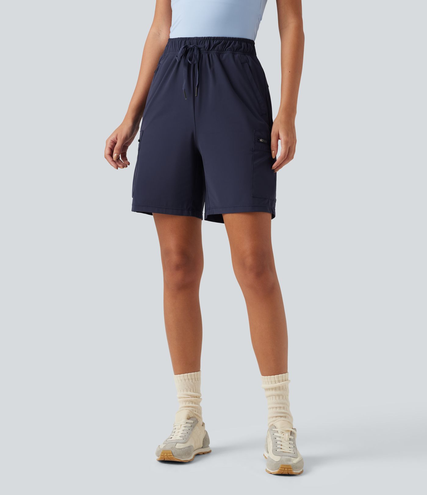 High Waisted Drawstring Bermuda Quick Dry Cool Touch Casual Cargo Shorts 7'' with Pockets-UPF40+