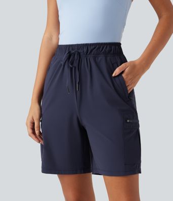 High Waisted Drawstring Bermuda Quick Dry Cool Touch Casual Cargo Shorts 7'' with Pockets-UPF40+