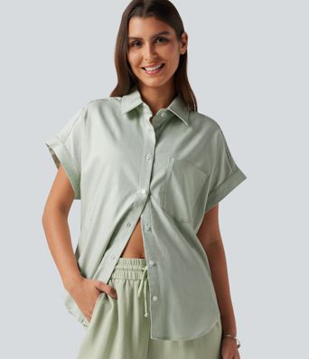 Short Sleeve Casual Cotton Linen Shirt with Pocket