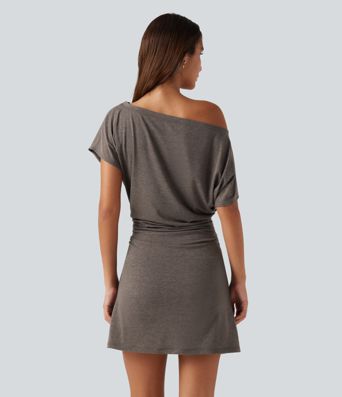One Shoulder Short Sleeve Ruched Tummy Control 2-in-1 Mini Casual Dress